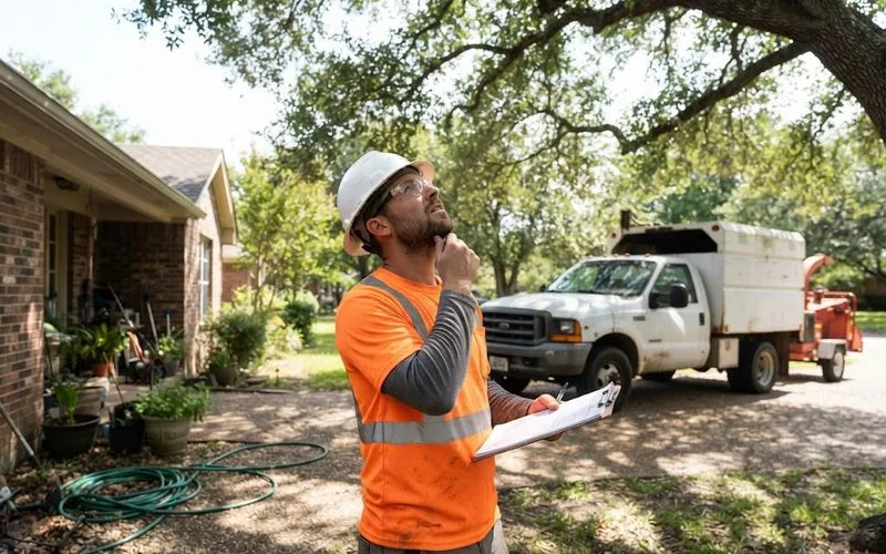 An arborist in safety gear assessing a large tree in a residential Ontario backyard before trimming