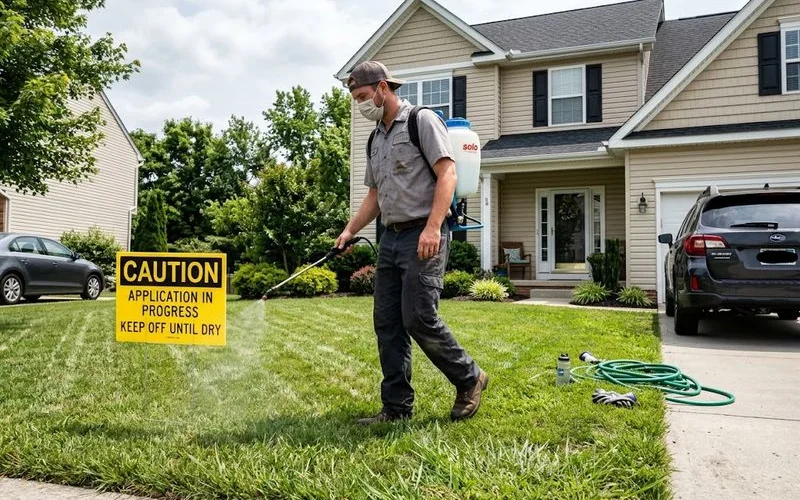 A lawn care technician applying a treatment to a residential lawn in Ontario with safety signage posted