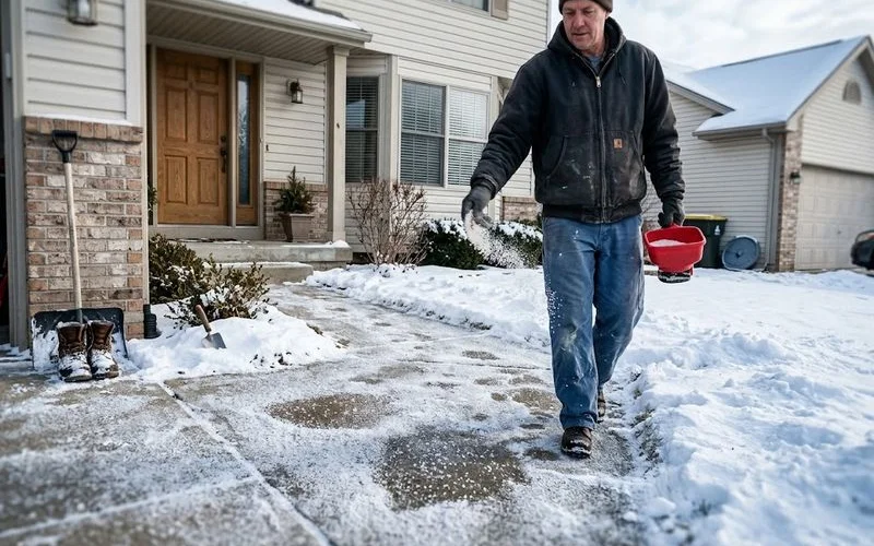 A homeowner salting an icy walkway in front of a house in Ontario during winter